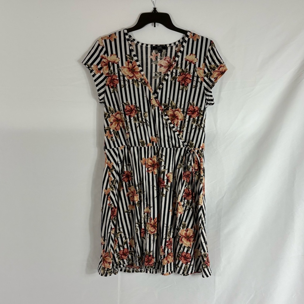 Black and White Striped Floral Wrap Style Dress